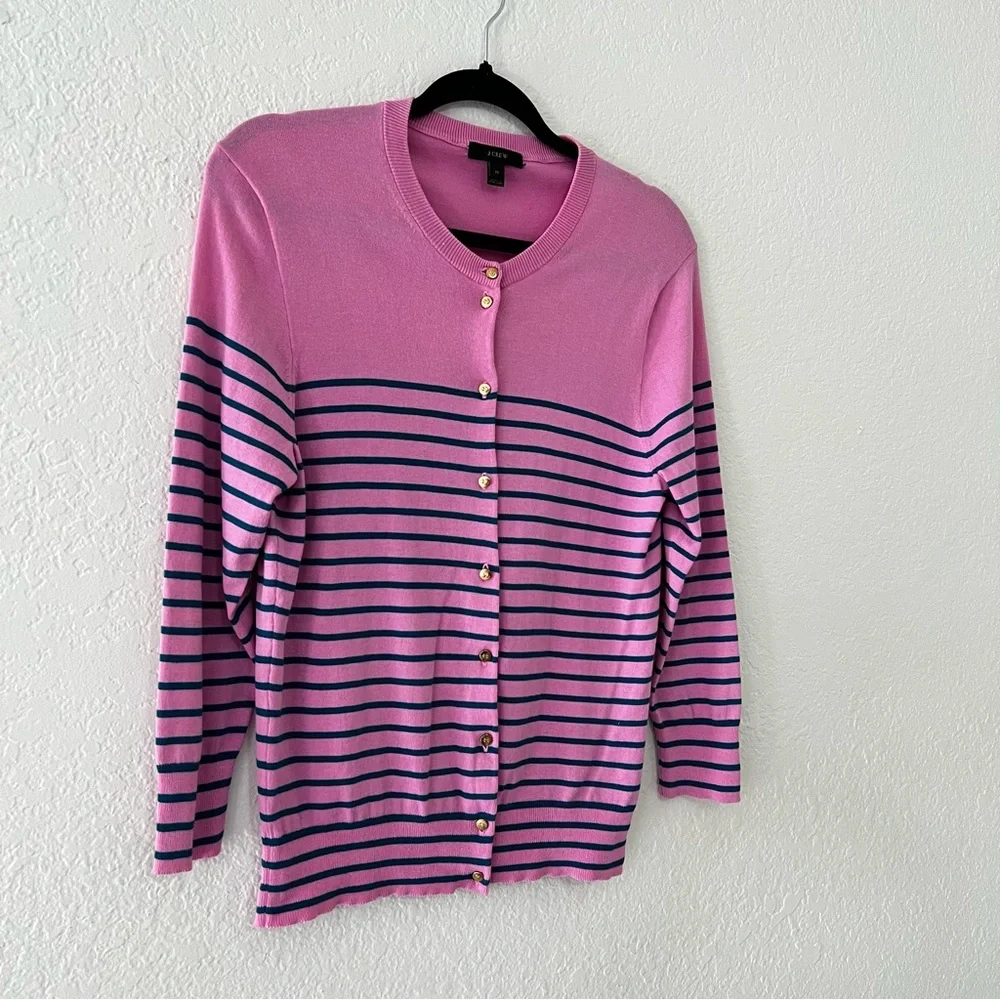 J. Crew Pink Teal Striped Gold‎ Button Cotton Blend Cardigan Women’s Size Medium